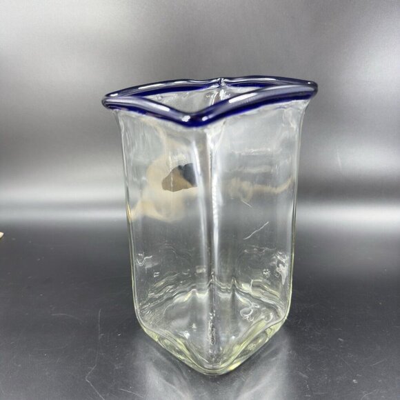 Krosno Jozefina Hand Blown Glass Vase Made In Poland Clear Cobalt Blue Edges VTG - Picture 16 of 16